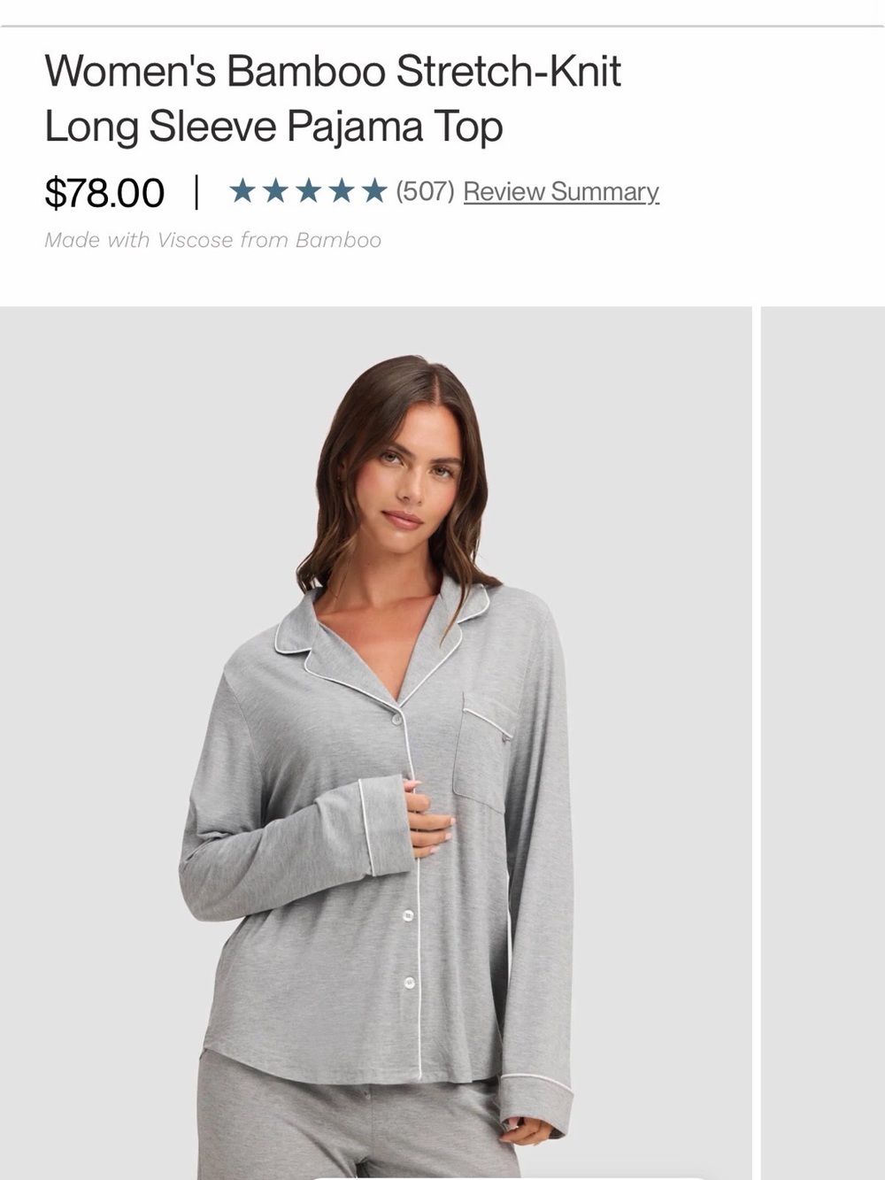 Cozy Earth Women's Bamboo Stretch Knit Long Sleeve Pajama Top Gray Medium